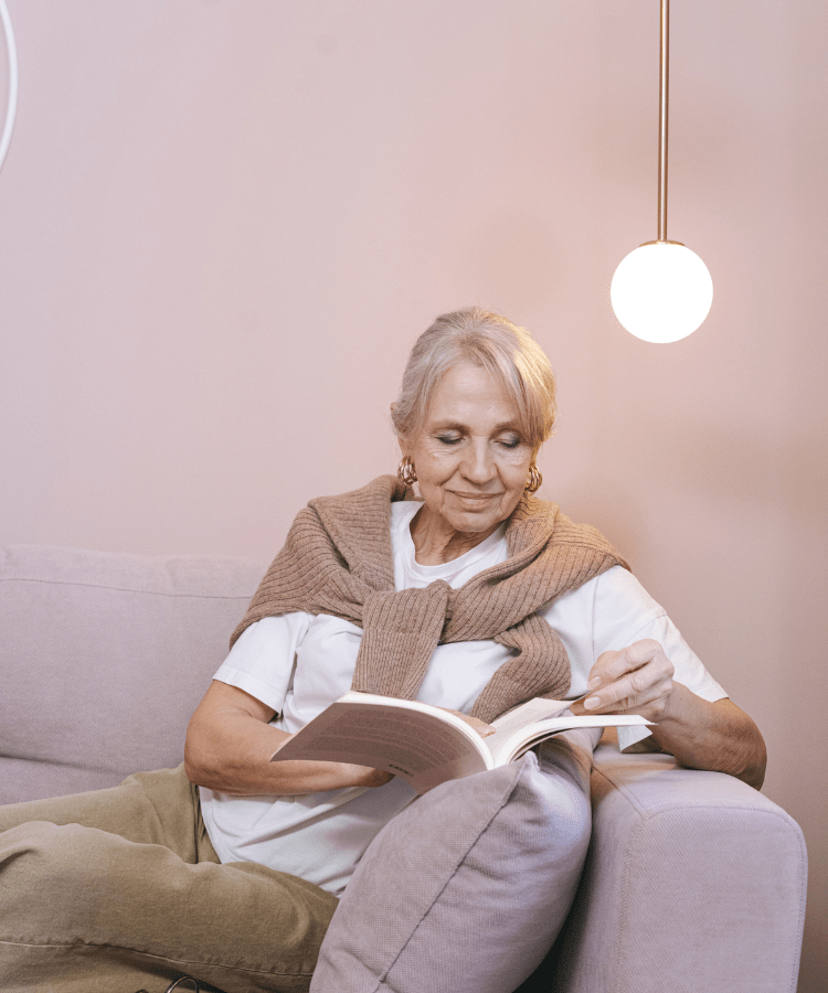 Woman relaxed and centered, feeling steady in her daily routine